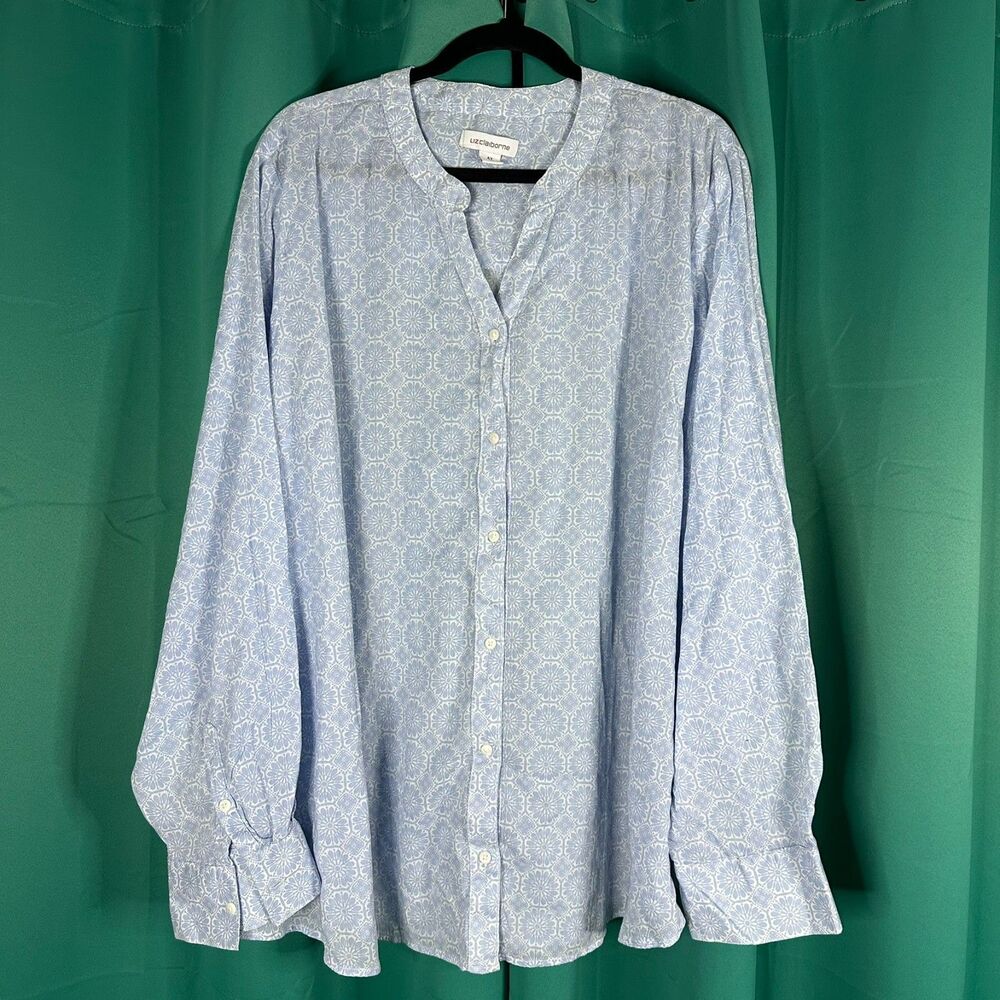 Liz Claiborne Women's Plus 4X Blue Printed 100% Cotton Long Sleeve Casual Top